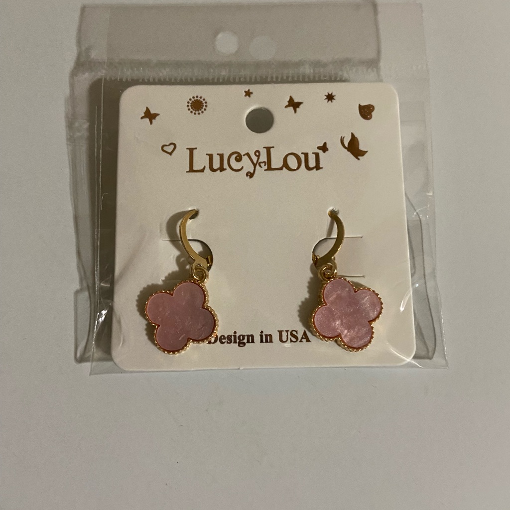 Pink Clover Drop Earrings With Gold Trim